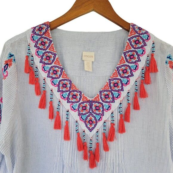 Chicos Peasant Embroidered Blouse with Tassels Womans Size L White Blue Multi - Picture 2 of 16